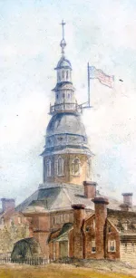 Detail of watercolor of Annapolis by Cotton Milbourne. 
